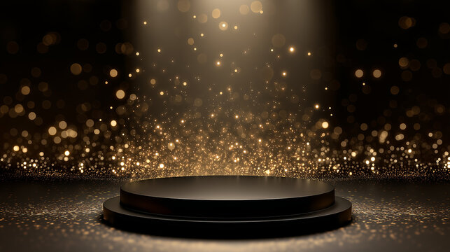 Photo of Elegant black podium illuminated by golden bokeh lights creating a stage for product display and presentation