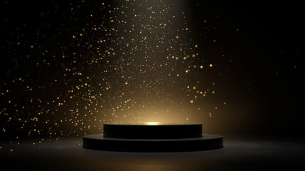 Photo of Elegant black podium illuminated by golden spotlight with shimmering particles creating a dramatic presentation scene