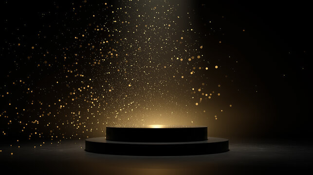 Photo of Elegant black podium illuminated by golden spotlight with shimmering particles creating a dramatic presentation scene