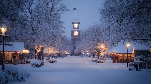 Snow-covered clocktower standing tall in the center of a quiet town square, Generative AI