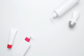 Cosmetic beauty products. Bottles and tubes with branding mock up. Skin care and beauty concept