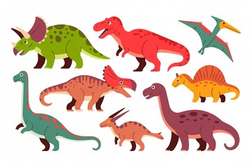 Colorful dinosaurs like Tyrannosaurus, Triceratops, and Brachiosaurus stand against a white background