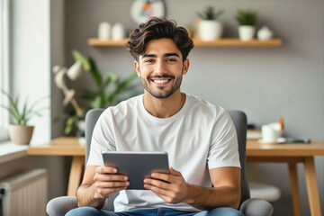 A young man with brown hair and a warm smile sits in a modern chair, holding a tablet and looking directly at the camera.