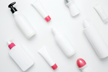 Cosmetic beauty products. Bottles and tubes with branding mock up. Skin care and beauty concept