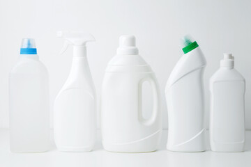 Various cleaning supplies branding mockup, symbolizing spring cleaning. Household cleaning and hygiene concept