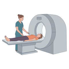 Nurse near MRI machine, conducts examination of patient. Outline flat with fill. Medical vector illustration