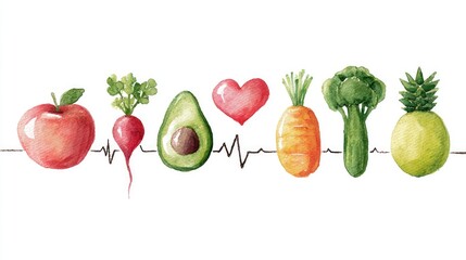 Healthy Heartbeat Watercolor Fruits  Veggies for Wellness.