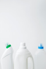 Various cleaning supplies branding mockup, symbolizing spring cleaning. Household cleaning and hygiene concept