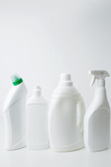 Various cleaning supplies branding mockup, symbolizing spring cleaning. Household cleaning and hygiene concept