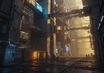 Futuristic Urban Cityscape Illustration with Dramatic Lighting and Detailed Structures