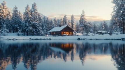 Obraz premium Cozy wooden cabin nestled beside a serene snow-covered lake at dawn, reflecting the warm light of the interior.