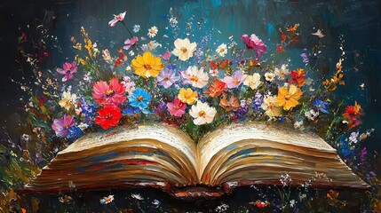 An open book with vibrant wildflowers bursting from its pages