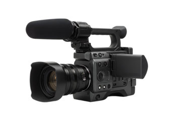 Professional digital cinema camera with microphone and lens for video recording and production Isolated on transparent background