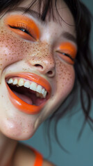 Smiling woman with freckles and orange makeup.