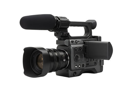 Professional digital cinema camera with microphone and lens for video recording and production Isolated on transparent background