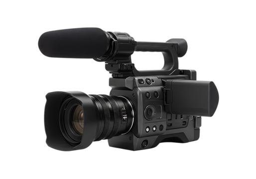 Professional digital cinema camera with microphone and lens for video recording and production Isolated on transparent background
