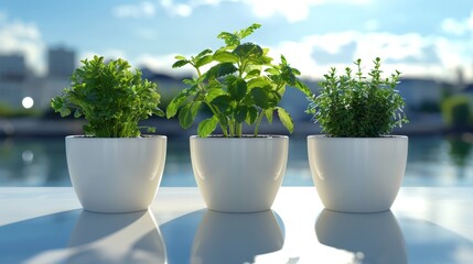 Fototapeta premium Herb pots on kitchen window embracing healthy eating and mindful consumption practices
