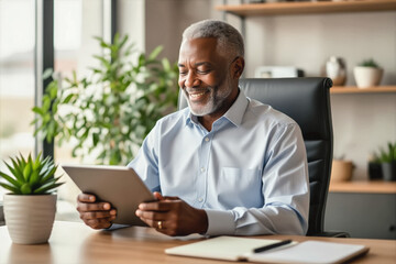 A mature Black man with a warm smile gazes at a tablet while seated in a modern office chair at a desk with greenery.