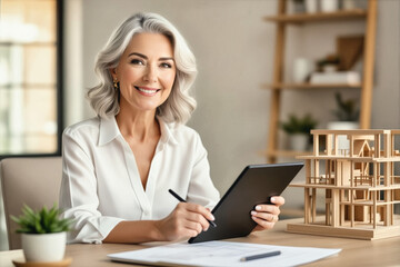 A confident, mature woman with silver hair smiles directly at the camera while holding a tablet and standing in a modern office setting.