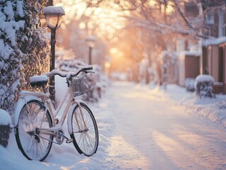 Fototapeta premium Frosted bicycle leaning against a snow-covered lamppost in a quiet street, Generative AI