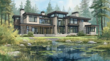 Obraz premium Lakeside Luxury Modern Home Reflecting in Calm Waters with Forest Backdrop.