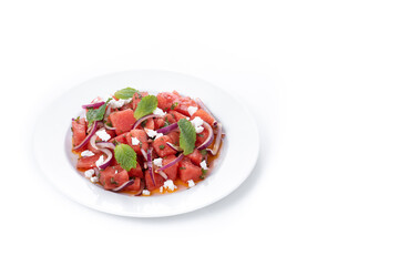 Fresh Watermelon Feta Salad with Mint and Red Onion isolated on white background. Copy space