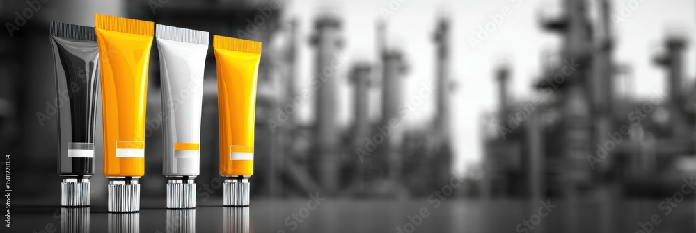 Aufkleber modern packaged sealant tubes displayed against a neutral industrial backdrop in a contemporary sett