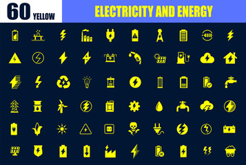 Electricity and energy yellow icons. Energy efficiency renewable energy sign icons.