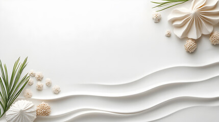 Elegant flat illustration featuring white textured waves, seashells, and green leaves arranged artistically on a clean background, perfect for design projects and creative use. Selective focus