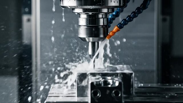 Metal Milling Machine Cutting with Water Cooled Drill Slow Motion