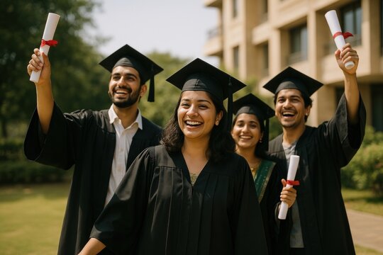Joyful graduates celebrating academic success.