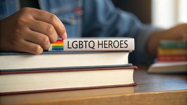 LGBTQ History in Education Promoting Equality and Awareness in Schools Concept, A hand rests on books titled "LGBTQ Heroes," highlighting themes of diversity and empowerment.