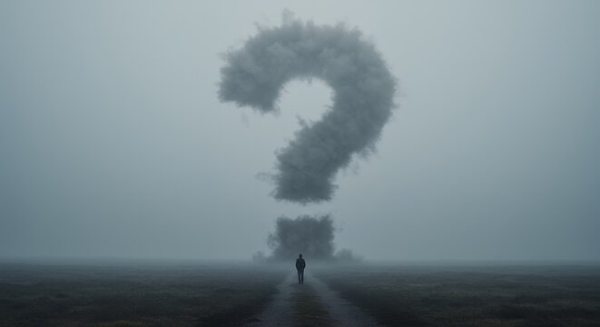 Question mark cloud with man in field