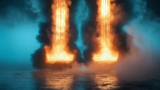 Two intense, vertical streams of fire or rocket exhausts descend from above into a body of water, creating a dramatic and visually striking scene