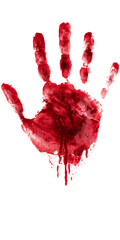 handprint covered in blood isolated over transparent (white) background; concept of murder, crime, scary halloween banner element