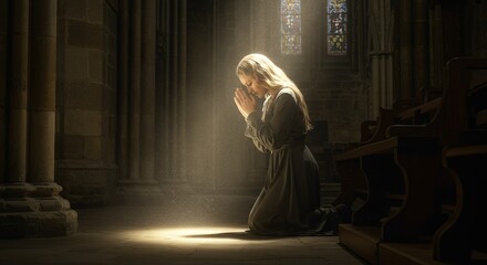 Woman Praying Church Sunlight Religious