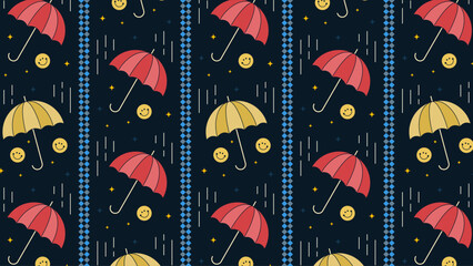 Umbrellas and raindrops: a cheerful rainy day illustration.