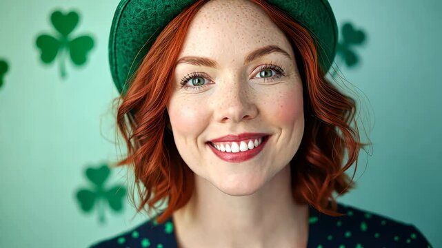 St Patricks Day Joy: A vibrant young woman with red hair and a beaming smile celebrates St. Patrick's Day, adorned in a festive green hat against a shamrock backdrop.