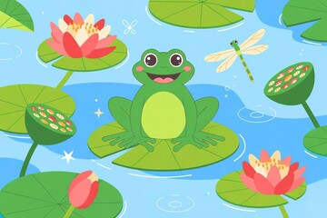 Green cartoon frog sits happily upon a lily pad in a pond under a dragonfly
