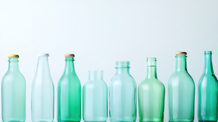 Collection of green glass bottles various shapes and sizes, showcasing their unique designs and colors. arrangement highlights beauty of glassware