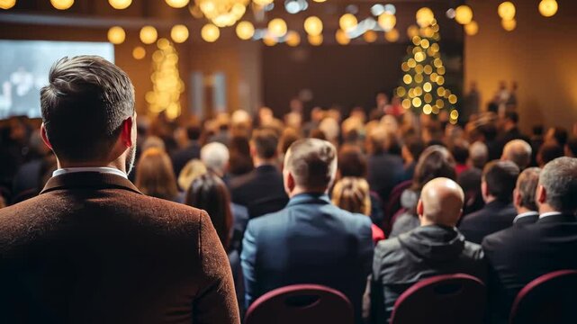 speaker presenting to audience in auditorium with stage microphone concept of corporate training, event management, public relations