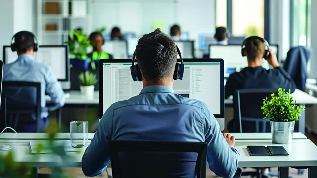 man in headphones working at computer in office, concept of multitasking and communication technical support, programming, customer service