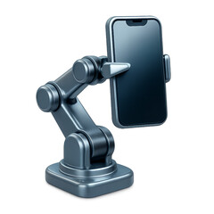 Fototapeta premium A metallic robotic arm holding a smartphone with a blank screen on a transparent background, concept for technology and automation