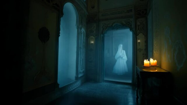 Ghostly Woman in Victorian Era Mansion, Dark Hallway, Eerie, Supernatural, Gothic, Mystery, Haunted House, Paranormal Activity, 4k.