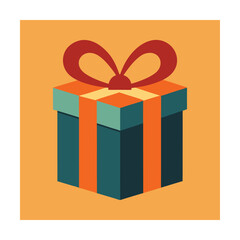 A colorful vector illustration of a festive gift box with a red ribbon on orange background