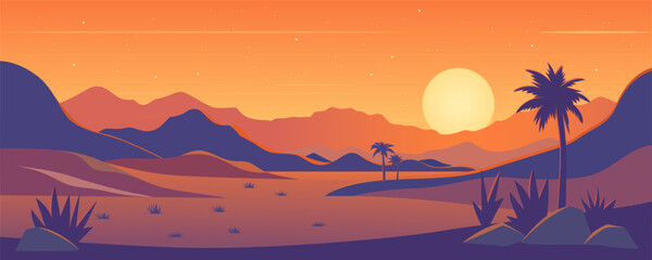 Sunrise in the desert. Beautiful landscape of red canyons, palm trees and vegetation in the desert area. Wild West. Hot climate. Sandstones. Amazing red mountains. © LoveSan