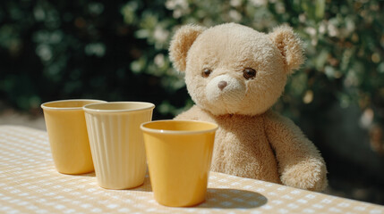 A plush bear hosts a whimsical teddy bear picnic, surrounded by sunlit cups, evoking Tea Party Day and nostalgia