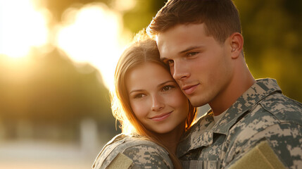 Romantic sunset embrace highlights devotion and unity, celebrating National Military Appreciation Month, Slavic couple, affectionate togetherness