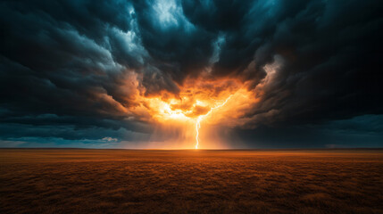 Mesmerizing lightning pierces surreal amber twilight, invoking Tempest Day and celestial anomalies, beneath roiling storm-bellied clouds