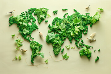 Green world map covered with plants and flying birds symbolizing environmental conservation